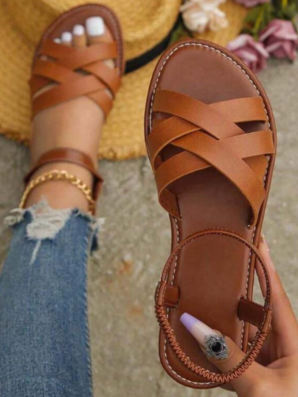 Shein Cognac PU Leather Cross Strap Adjustable Flat Sandal Size 9 EU 40